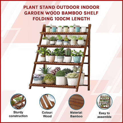 Plant Stand Outdoor Indoor Garden Wood Bamboo Shelf Folding 100CM Length.
