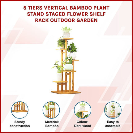 5 Tiers Vertical Bamboo Plant Stand Staged Flower Shelf Rack Outdoor Garden.