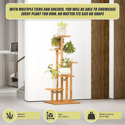 5 Tiers Vertical Bamboo Plant Stand Staged Flower Shelf Rack Outdoor Garden.