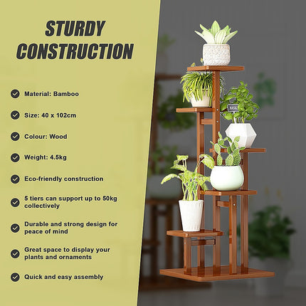 5 Tiers Vertical Bamboo Plant Stand Staged Flower Shelf Rack Outdoor Garden.