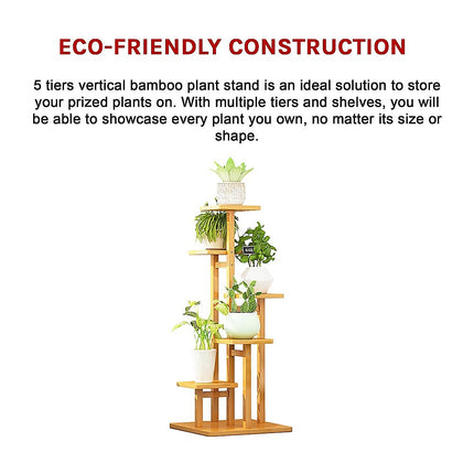 5 Tiers Vertical Bamboo Plant Stand Staged Flower Shelf Rack Outdoor Garden.