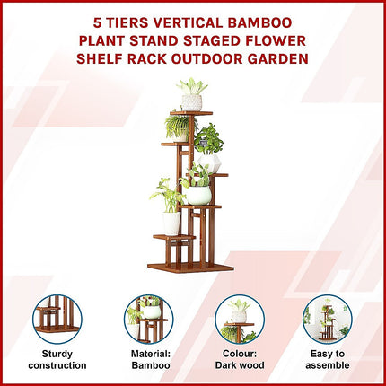 5 Tiers Vertical Bamboo Plant Stand Staged Flower Shelf Rack Outdoor Garden.