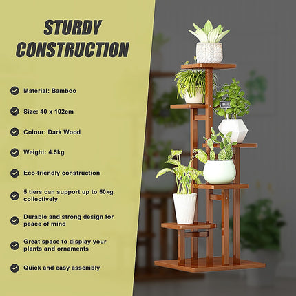 5 Tiers Vertical Bamboo Plant Stand Staged Flower Shelf Rack Outdoor Garden.