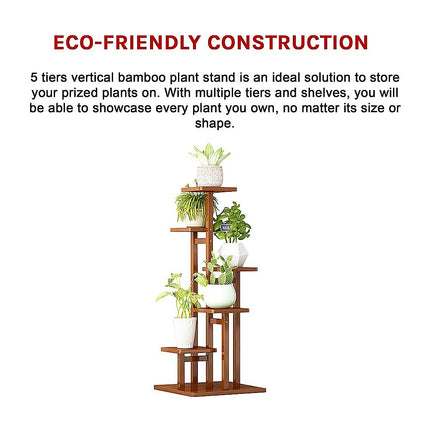 5 Tiers Vertical Bamboo Plant Stand Staged Flower Shelf Rack Outdoor Garden.