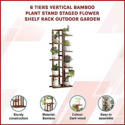 6 Tiers Vertical Bamboo Plant Stand Staged Flower Shelf Rack Outdoor Garden.