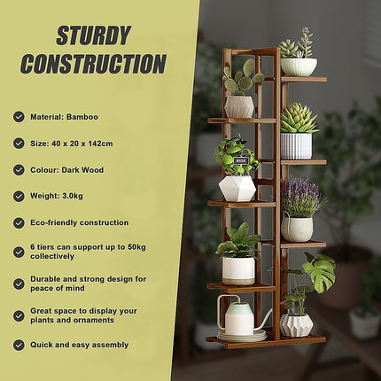 6 Tiers Vertical Bamboo Plant Stand Staged Flower Shelf Rack Outdoor Garden.