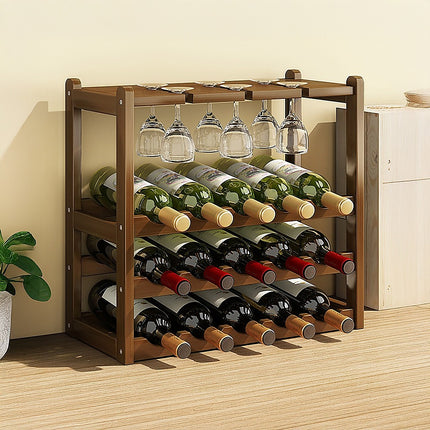 Bamboo Wine Rack Free Standing 15 Bottles with 6 Glasses Holder Storage in Dark Brown.