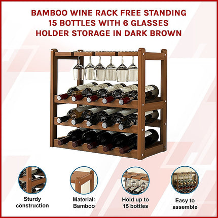Bamboo Wine Rack Free Standing 15 Bottles with 6 Glasses Holder Storage in Dark Brown.