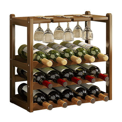 Bamboo Wine Rack Free Standing 15 Bottles with 6 Glasses Holder Storage in Dark Brown.