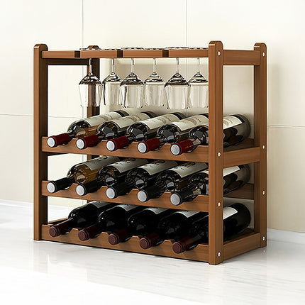 Bamboo Wine Rack Free Standing 15 Bottles with 6 Glasses Holder Storage in Dark Brown.