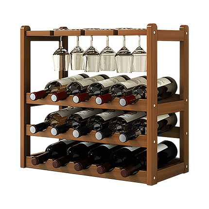 Bamboo Wine Rack Free Standing 15 Bottles with 6 Glasses Holder Storage in Dark Brown.