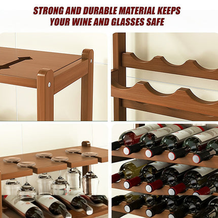 Bamboo Wine Rack Free Standing 15 Bottles with 6 Glasses Holder Storage in Dark Brown.