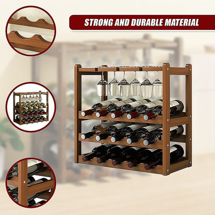 Bamboo Wine Rack Free Standing 15 Bottles with 6 Glasses Holder Storage in Dark Brown.