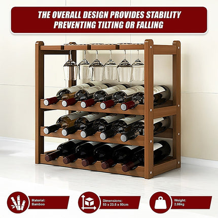 Bamboo Wine Rack Free Standing 15 Bottles with 6 Glasses Holder Storage in Dark Brown.