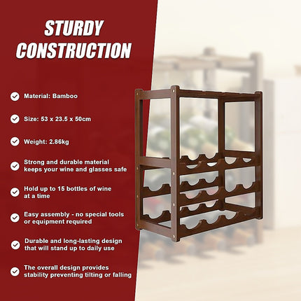 Bamboo Wine Rack Free Standing 15 Bottles with 6 Glasses Holder Storage in Dark Brown.