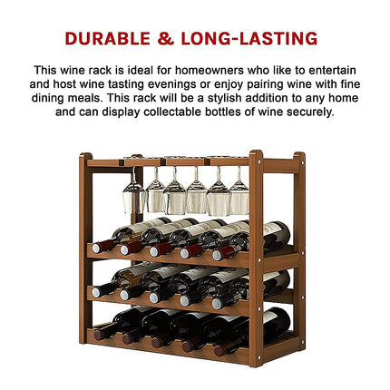 Bamboo Wine Rack Free Standing 15 Bottles with 6 Glasses Holder Storage in Dark Brown.