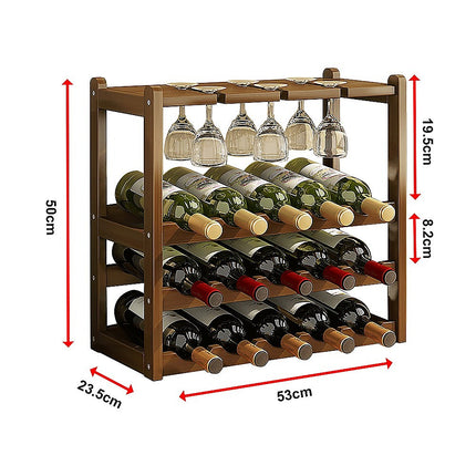 Bamboo Wine Rack Free Standing 15 Bottles with 6 Glasses Holder Storage in Dark Brown.