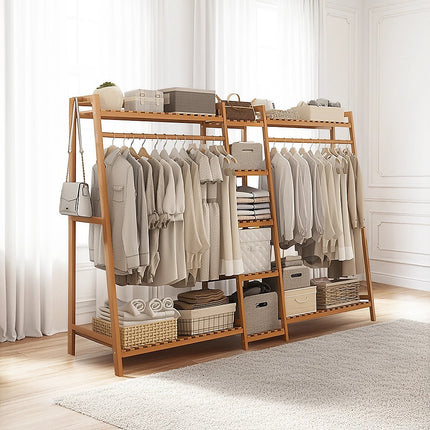 Portable Clothes Rack Coat Garment Stand Bamboo Rail Hanger Airer Closet.