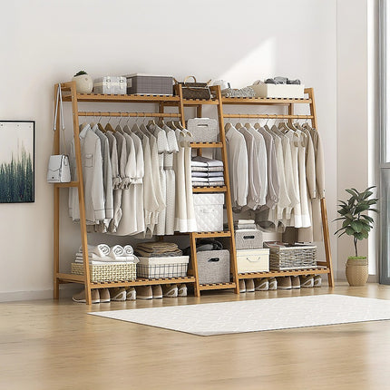 Portable Clothes Rack Coat Garment Stand Bamboo Rail Hanger Airer Closet.