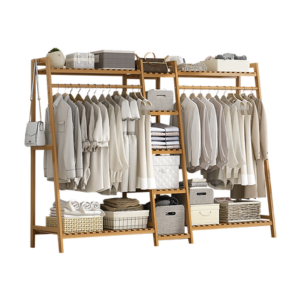Portable Clothes Rack Coat Garment Stand Bamboo Rail Hanger Airer Closet.