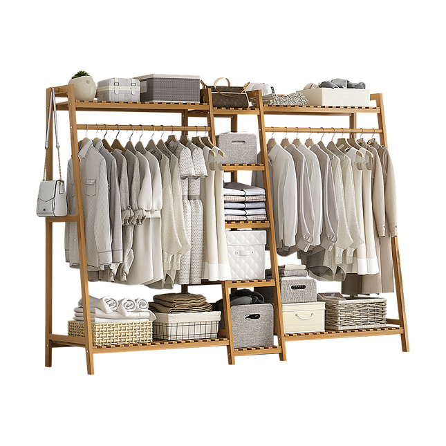 Portable Clothes Rack Coat Garment Stand Bamboo Rail Hanger Airer Closet.