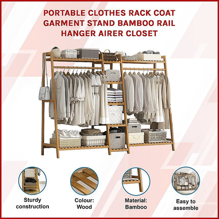 Portable Clothes Rack Coat Garment Stand Bamboo Rail Hanger Airer Closet.