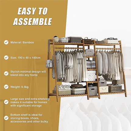 Portable Clothes Rack Coat Garment Stand Bamboo Rail Hanger Airer Closet.