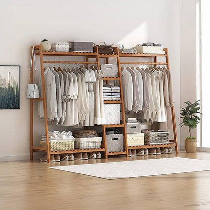 Portable Clothes Rack Coat Garment Stand Bamboo Rail Hanger Airer Closet.