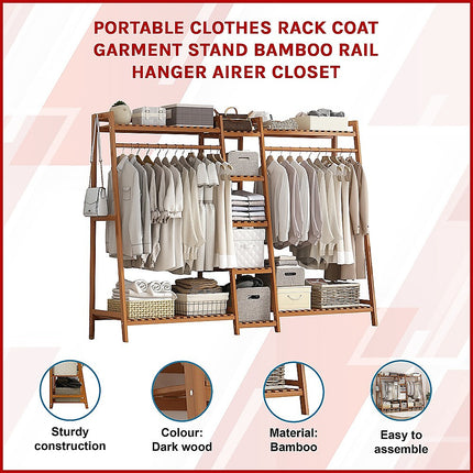 Portable Clothes Rack Coat Garment Stand Bamboo Rail Hanger Airer Closet.