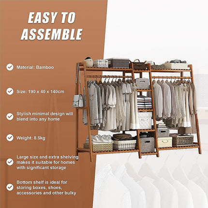 Portable Clothes Rack Coat Garment Stand Bamboo Rail Hanger Airer Closet.