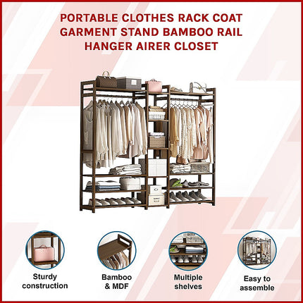 Portable Clothes Rack Coat Garment Stand Bamboo Rail Hanger Airer Closet.