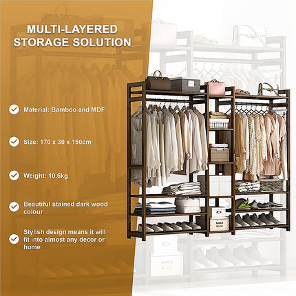 Portable Clothes Rack Coat Garment Stand Bamboo Rail Hanger Airer Closet.