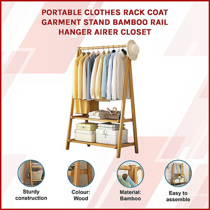 Portable Clothes Rack Coat Garment Stand Bamboo Rail Hanger Airer Closet.