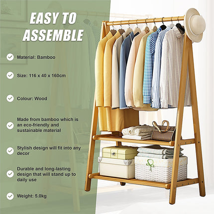 Portable Clothes Rack Coat Garment Stand Bamboo Rail Hanger Airer Closet.
