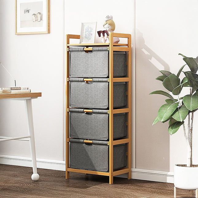 Bamboo Shelf with Storage Hamper – Wooden Organiser with 4 Laundry Bags.