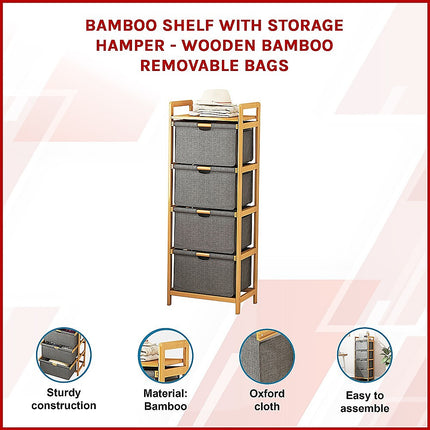 Bamboo Shelf with Storage Hamper – Wooden Organiser with 4 Laundry Bags.