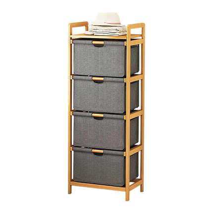 Bamboo Shelf with Storage Hamper – Wooden Organiser with 4 Laundry Bags.