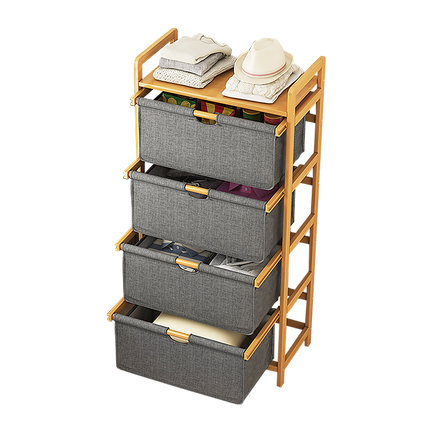 Bamboo Shelf with Storage Hamper – Wooden Organiser with 4 Laundry Bags.