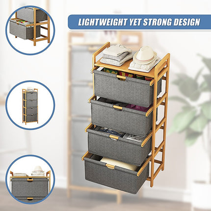 Bamboo Shelf with Storage Hamper – Wooden Organiser with 4 Laundry Bags.