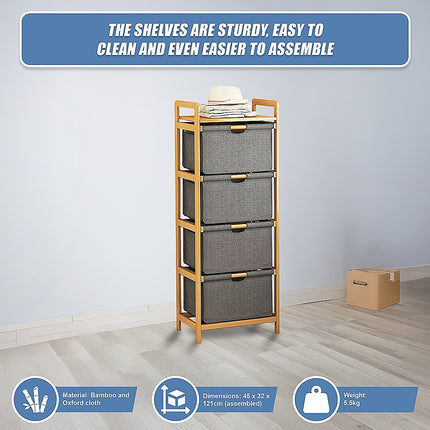 Bamboo Shelf with Storage Hamper – Wooden Organiser with 4 Laundry Bags.