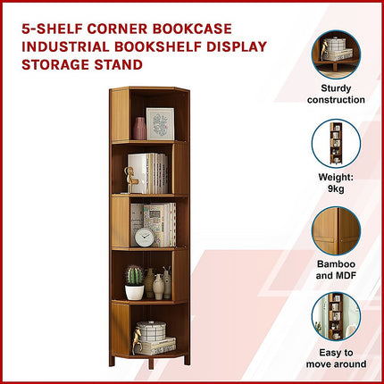 5-Shelf Corner Bookcase Industrial Bookshelf Display Storage Stand.