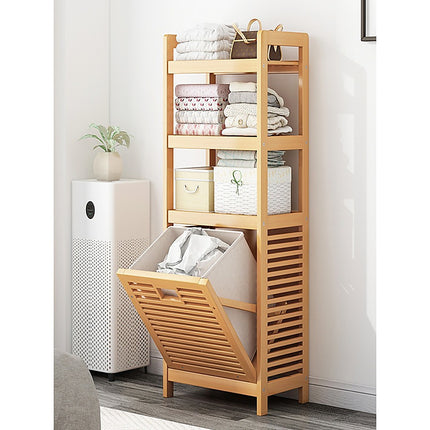 Bamboo 2-in-1 Laundry Hamper Side Table with 2 Shelves and Clothes Basket.