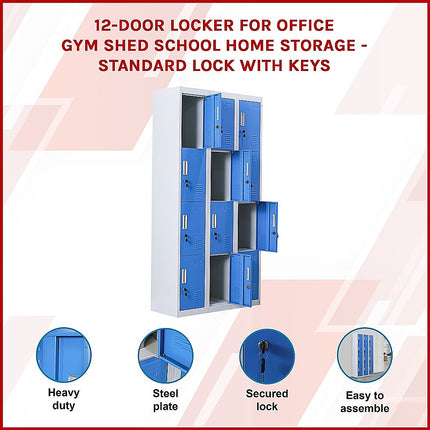 12-Door Locker for Office Gym Shed School Home Storage - Standard Lock with 2 Keys.