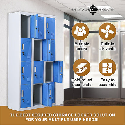 12-Door Locker for Office Gym Shed School Home Storage - Standard Lock with 2 Keys.