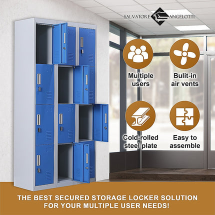 12-Door Locker for Office Gym Shed School Home Storage - Standard Lock with 2 Keys.