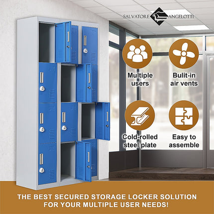 12-Door Locker for Office Gym Shed School Home Storage - Standard Lock with 2 Keys.