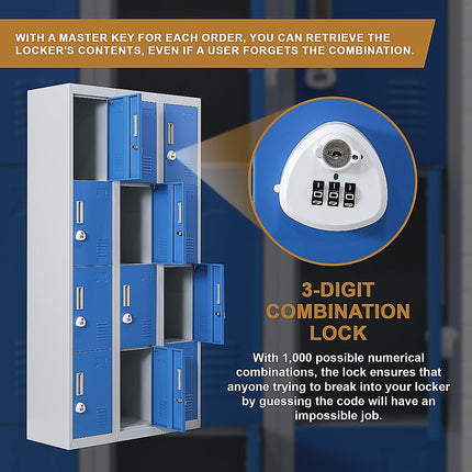 12-Door Locker for Office Gym Shed School Home Storage - Standard Lock with 2 Keys.