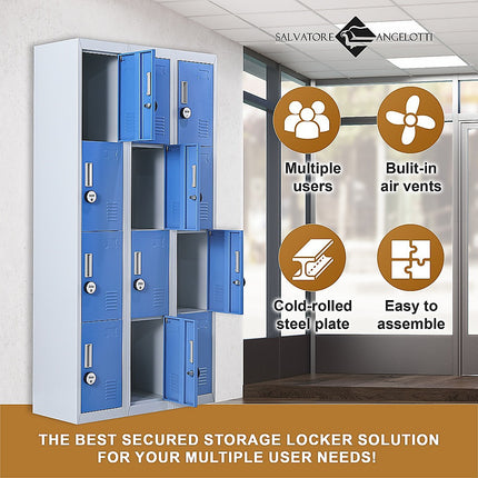 12-Door Locker for Office Gym Shed School Home Storage - Standard Lock with 2 Keys