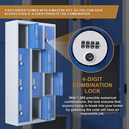 12-Door Locker for Office Gym Shed School Home Storage - Standard Lock with 2 Keys