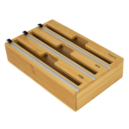 3 Grids Bamboo Food Wrap Dispenser Cutter Foil Cling Film Storage Holder Box Kitchen.